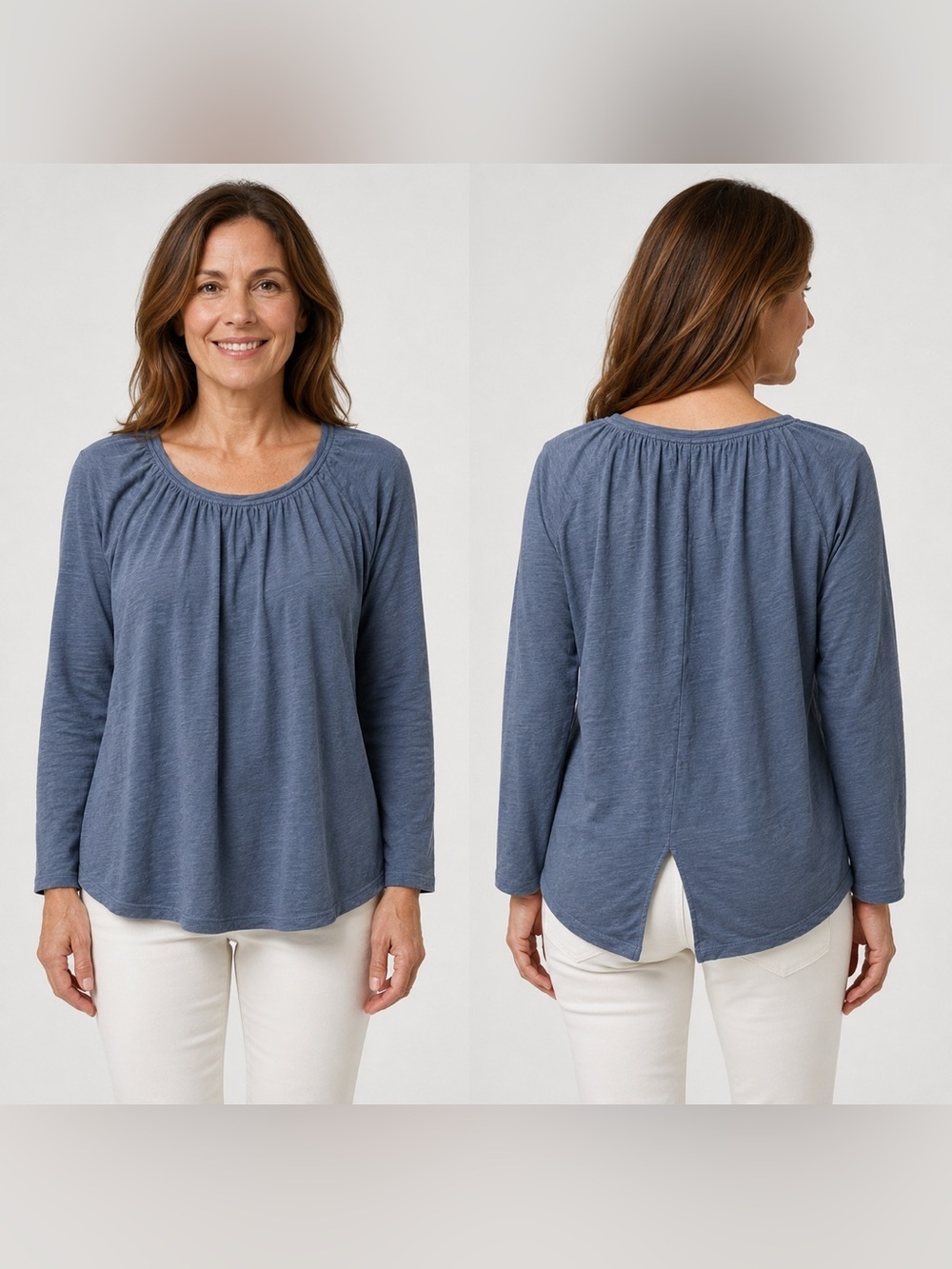 Madewell Blue Cotton Gathered Neck 3/4 Sleeve Top Size Small